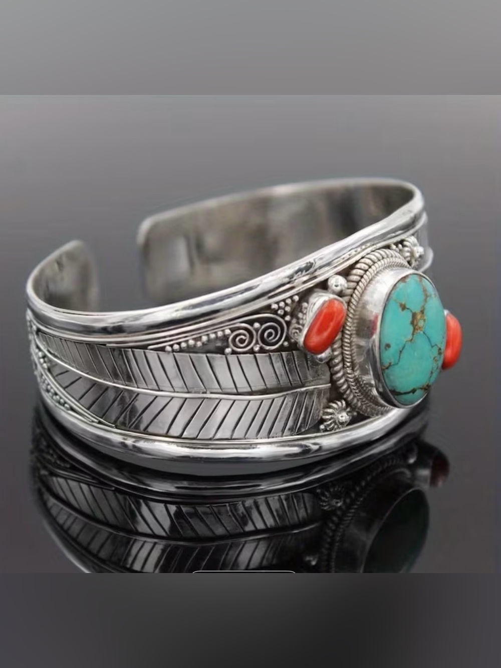 Silver tone Cuff Bangle Bracelet with Turquoise and Coral Accents - Picture 3 of 4